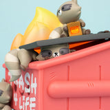 Trash Panda Dumpster Fire vinyl figure side angle with visible graffiti and raccoon tail details