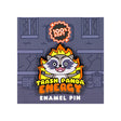 Trash Panda Energy enamel pin by 100% Soft featuring a screaming raccoon surrounded by flames with bold text and soft enamel finish