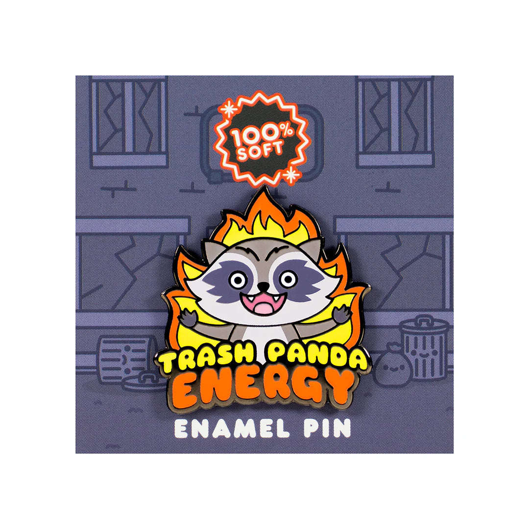 Trash Panda Energy enamel pin by 100% Soft featuring a screaming raccoon surrounded by flames with bold text and soft enamel finish