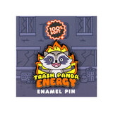 Trash Panda Energy enamel pin by 100% Soft featuring a screaming raccoon surrounded by flames with bold text and soft enamel finish