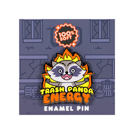 Trash Panda Energy enamel pin by 100% Soft featuring a screaming raccoon surrounded by flames with bold text and soft enamel finish