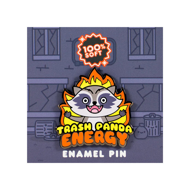 Trash Panda Energy enamel pin by 100% Soft featuring a screaming raccoon surrounded by flames with bold text and soft enamel finish