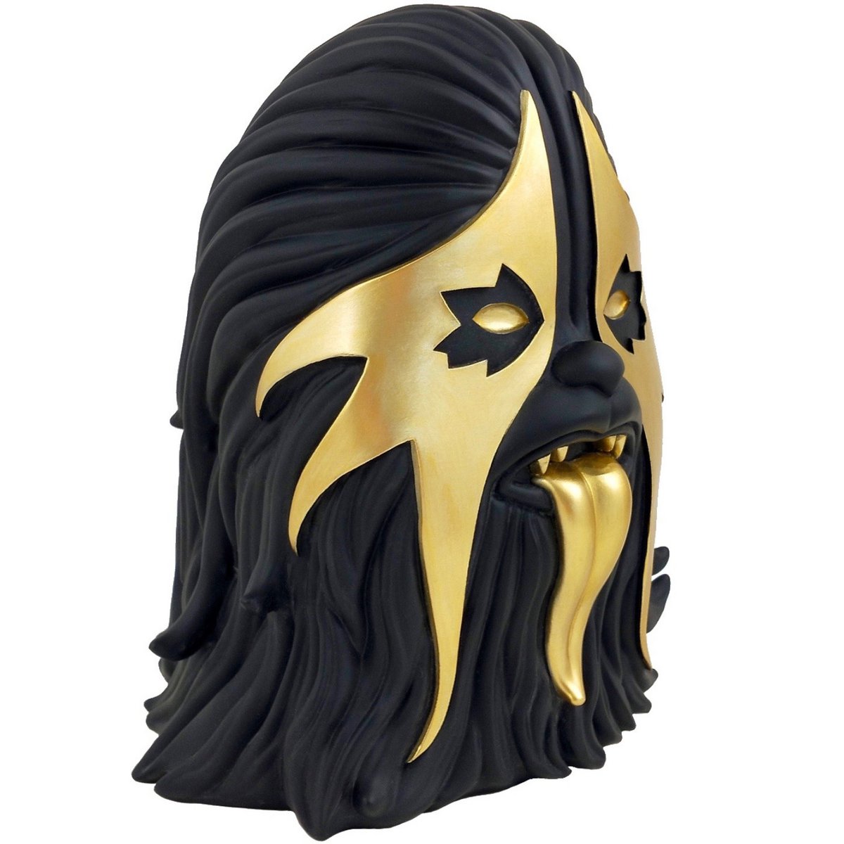 Thrashbacca Black and Gold resin statue angled view showing metallic mask details