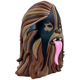 Angled view of Thrashbacca Original Brown resin statue showing mask and sculpted hair