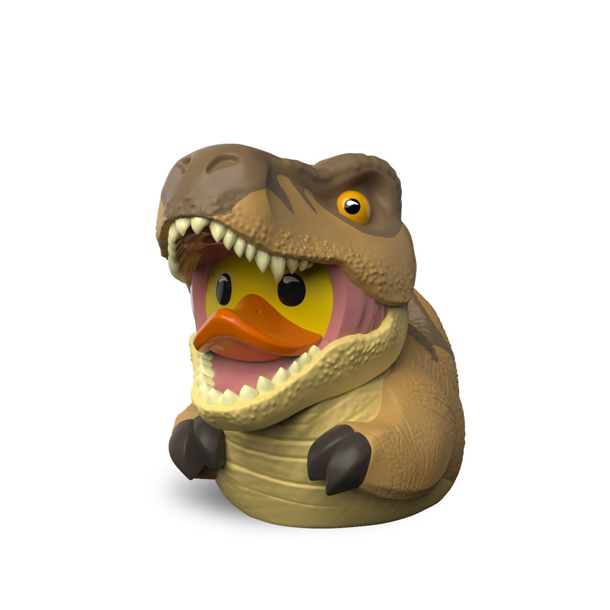 Close-up front view of the Mini Jurassic Park T-Rex TUBBZ duck figure.