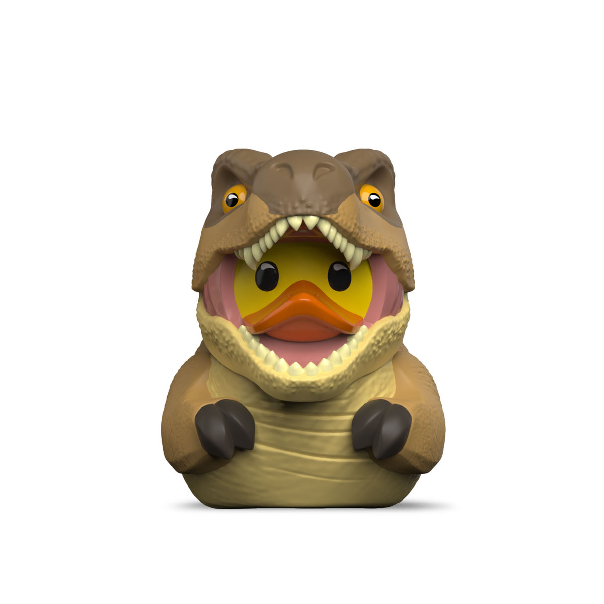Front-facing Mini Jurassic Park T-Rex TUBBZ duck with open jaws.