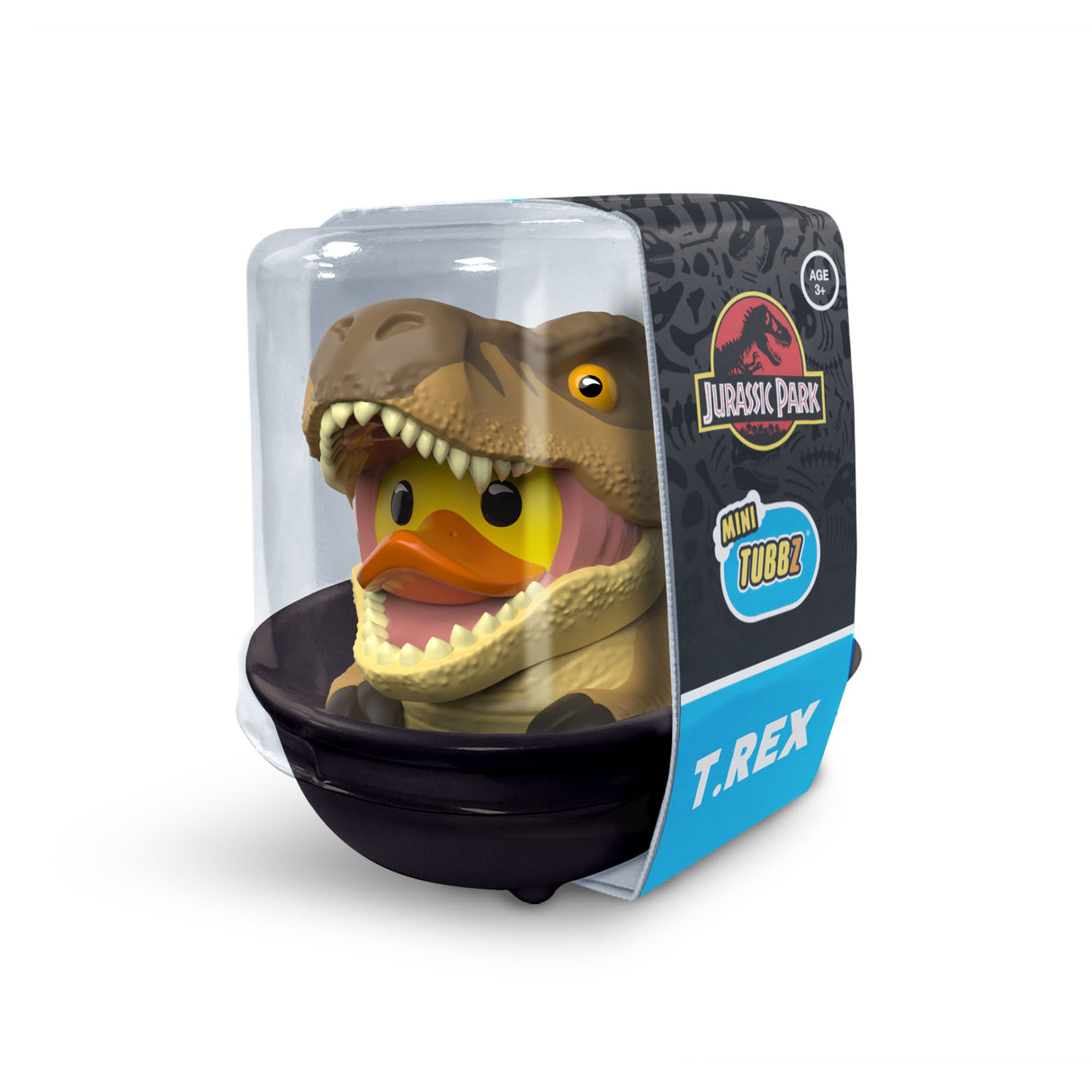 Mini TUBBZ Jurassic Park T-Rex duck figure inside display tub packaging.