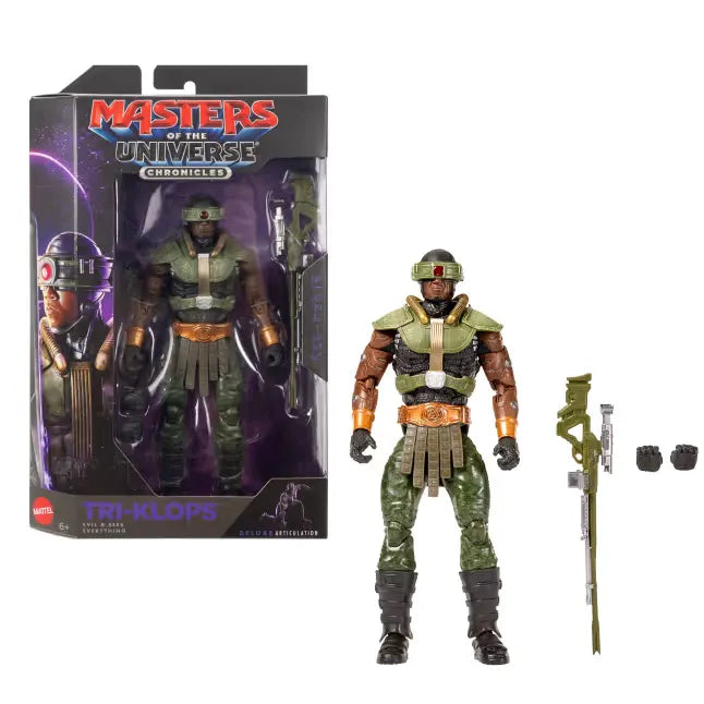 Tri-Klops Masters of the Universe Chronicles figure displayed with packaging and accessories
