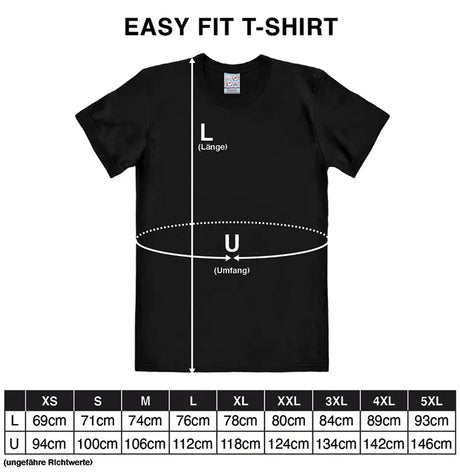 Size Guide for T-shirt showing length and chest measurements from XS to 5XL