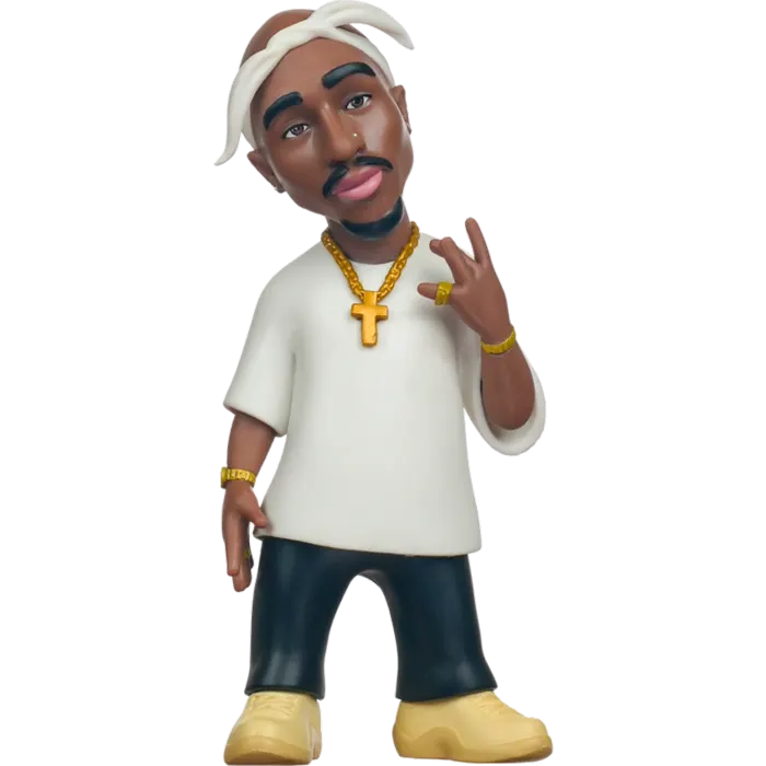 Tupac Shakur Minix collectible figure front view with white bandana and gold jewelry