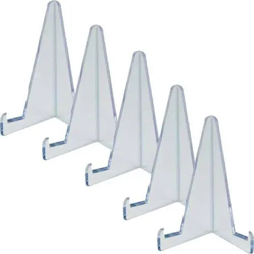 Five Ultra Pro clear card holder stands for trading card display
