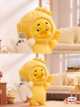 Upset Duck fish costume edition holding a plush toy cat