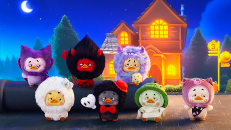 Upset Duck Colorful Player Duck Plush Keychain Blind Box full collection display with 6 regular designs and 1 secret version