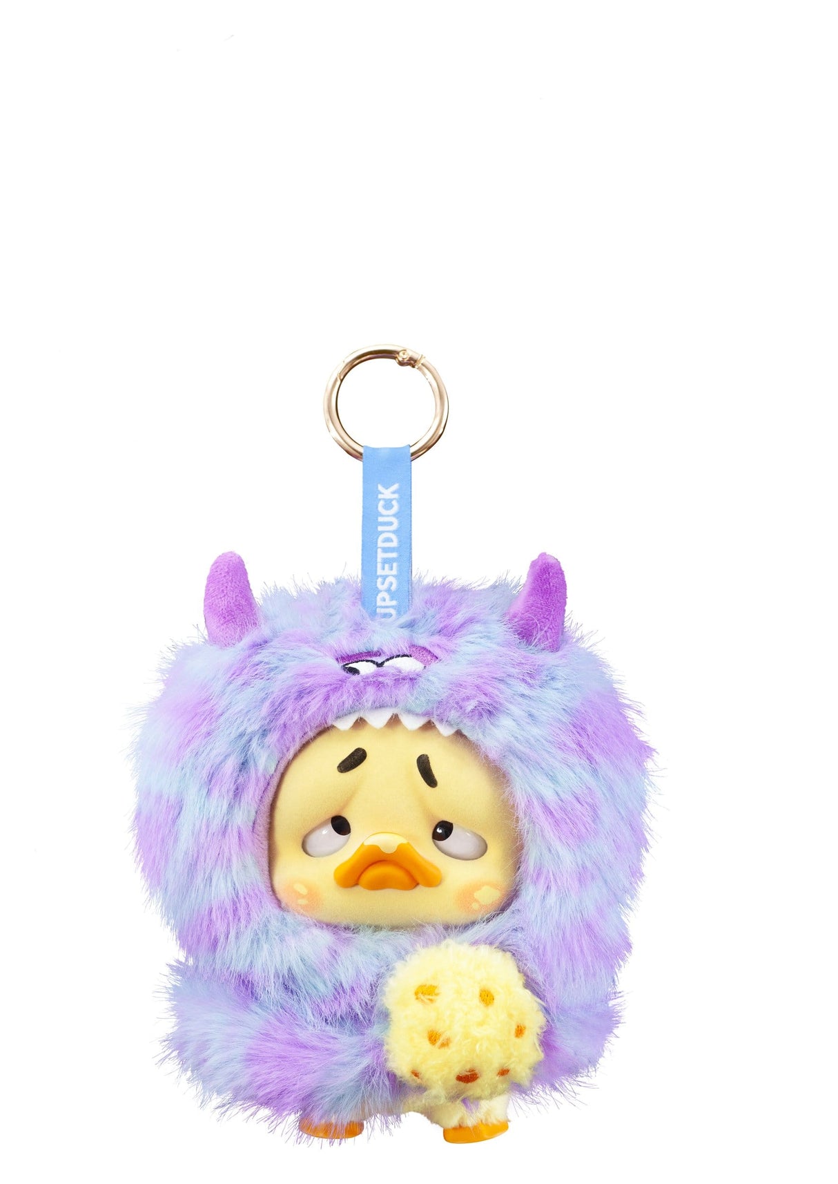 Upset Duck purple and blue furry monster costume plush keychain holding cookie