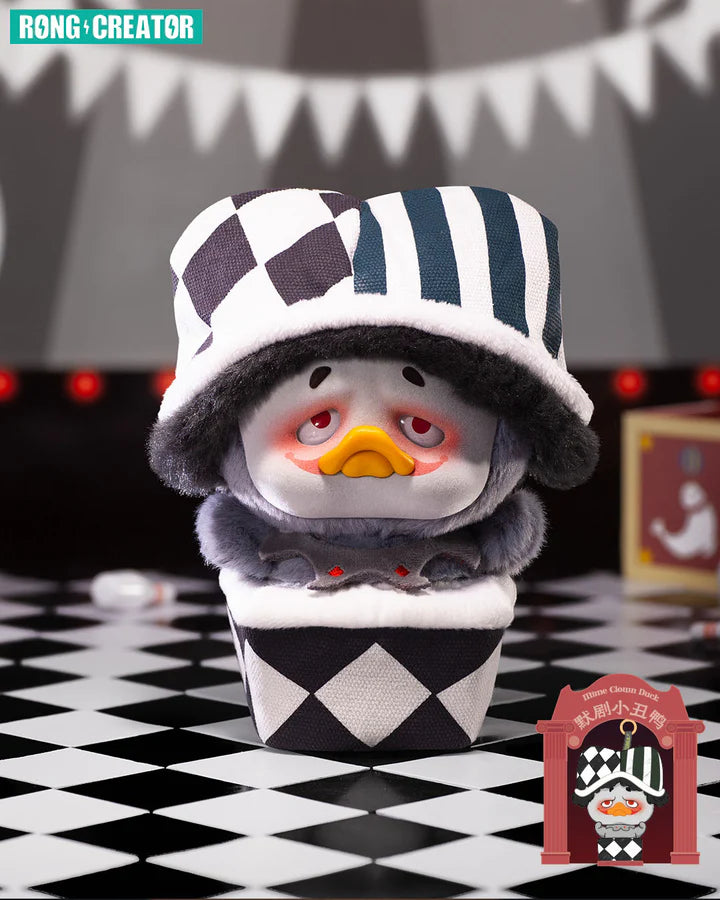 Upset Duck plush keychain clown hat design from Crazy Circus blind box.