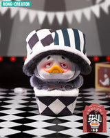 Upset Duck plush keychain clown hat design from Crazy Circus blind box.