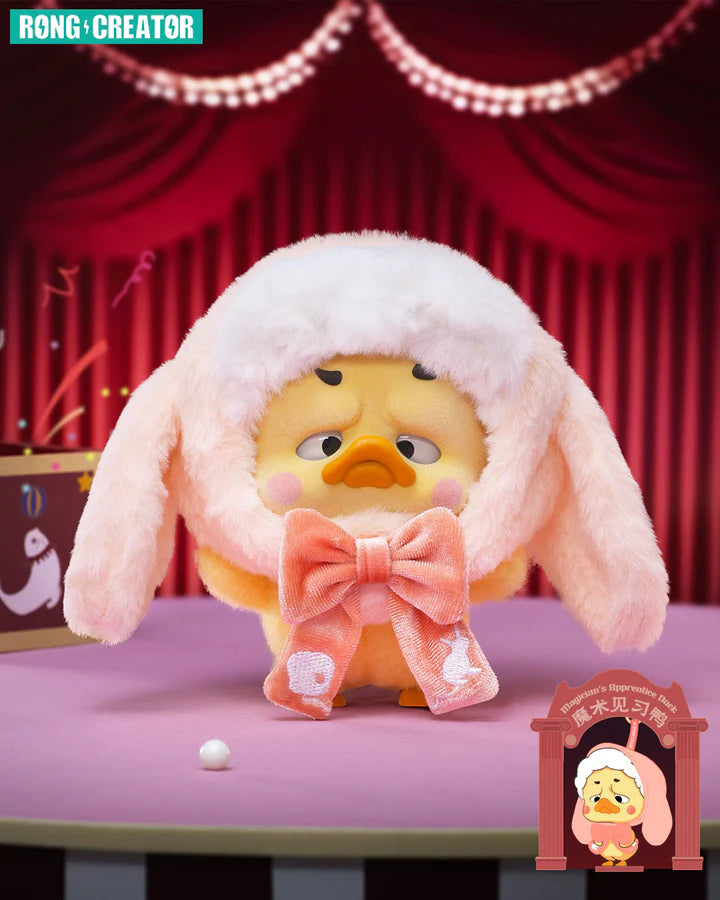 Upset Duck plush keychain pink bunny costume from Crazy Circus blind box.