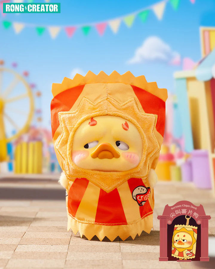 Upset Duck plush keychain chips bag costume from Crazy Circus blind box.