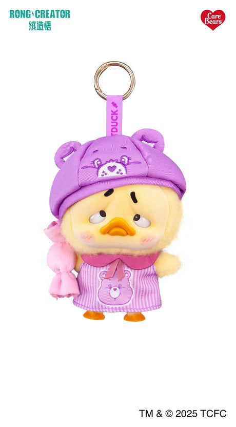 Upset Duck Care Bears Share Bear inspired plush keychain in purple outfit with embroidered bear hat