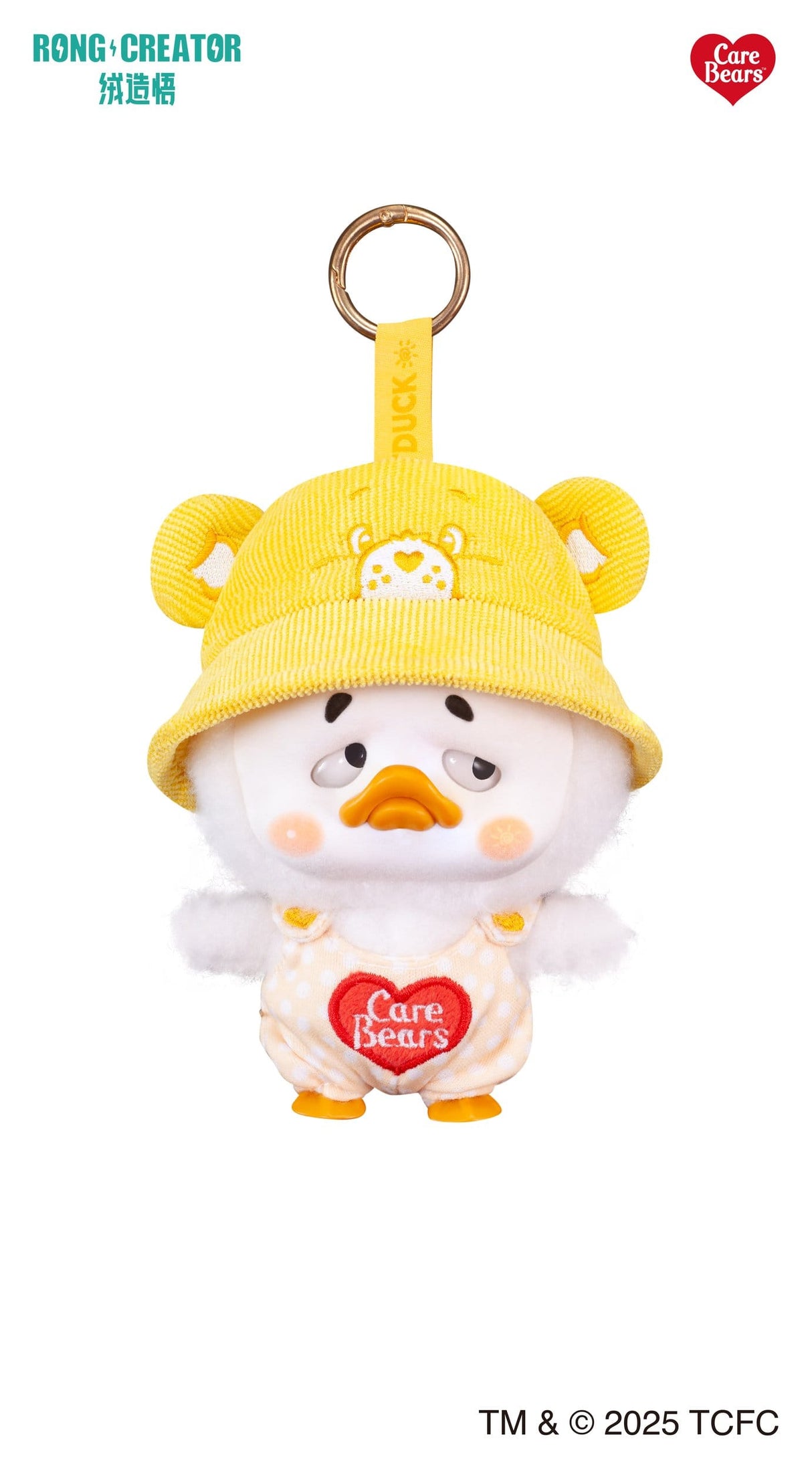 Upset Duck Care Bears Cheer Bear inspired plush keychain in pink outfit with large bow