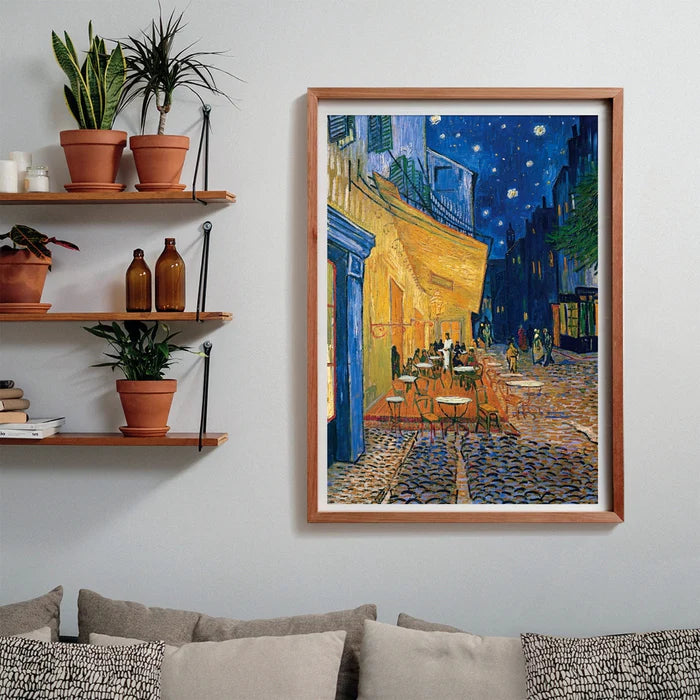 Completed artwork of Van Gogh’s Café Terrace at Night in vivid blue and yellow tones.