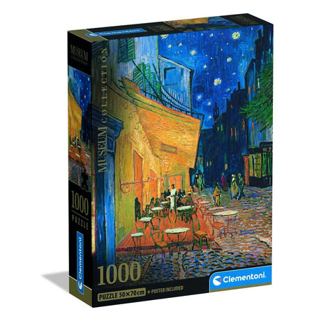 Van Gogh’s Café Terrace at Night framed on a wall above a sofa with modern decor.