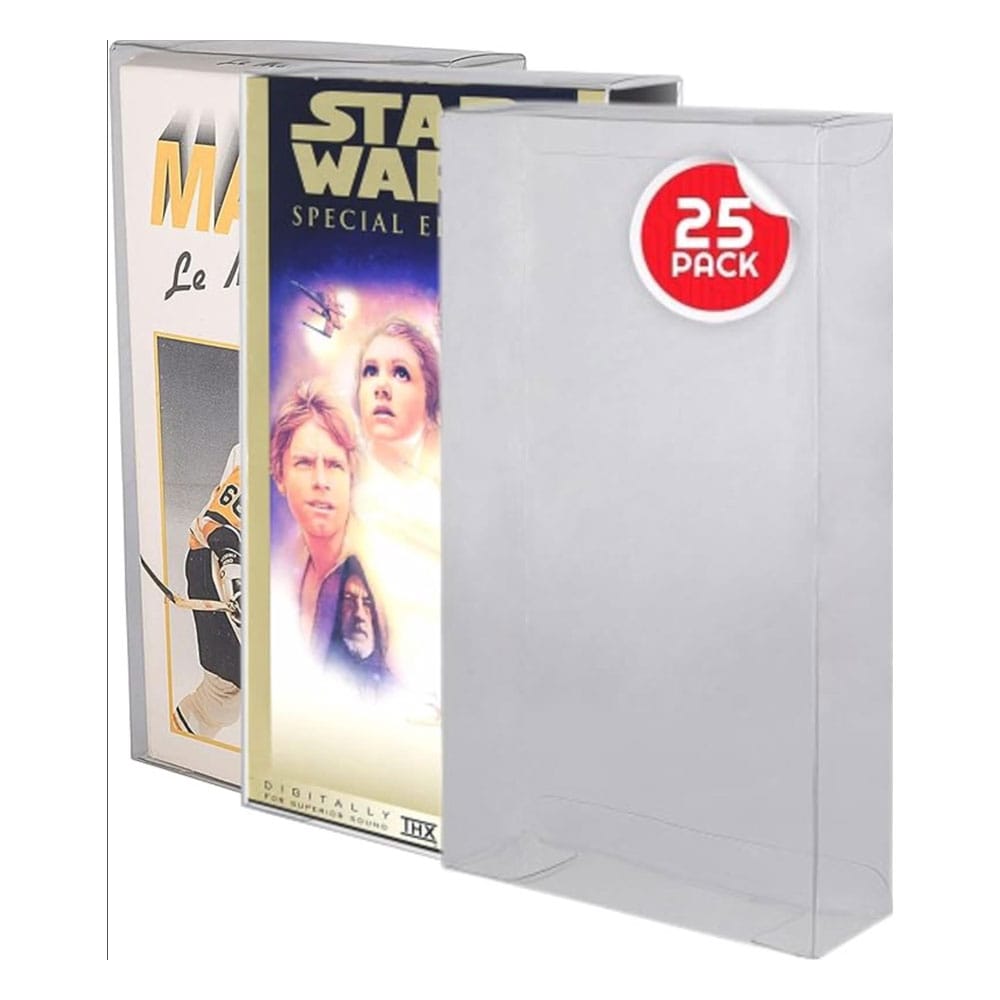 Set of PET VHS protectors displayed with VHS tapes inserted for size comparison.