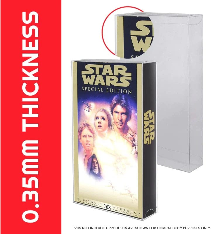 Close-up of VHS inside a clear 0.35mm PET case with Star Wars artwork visible.