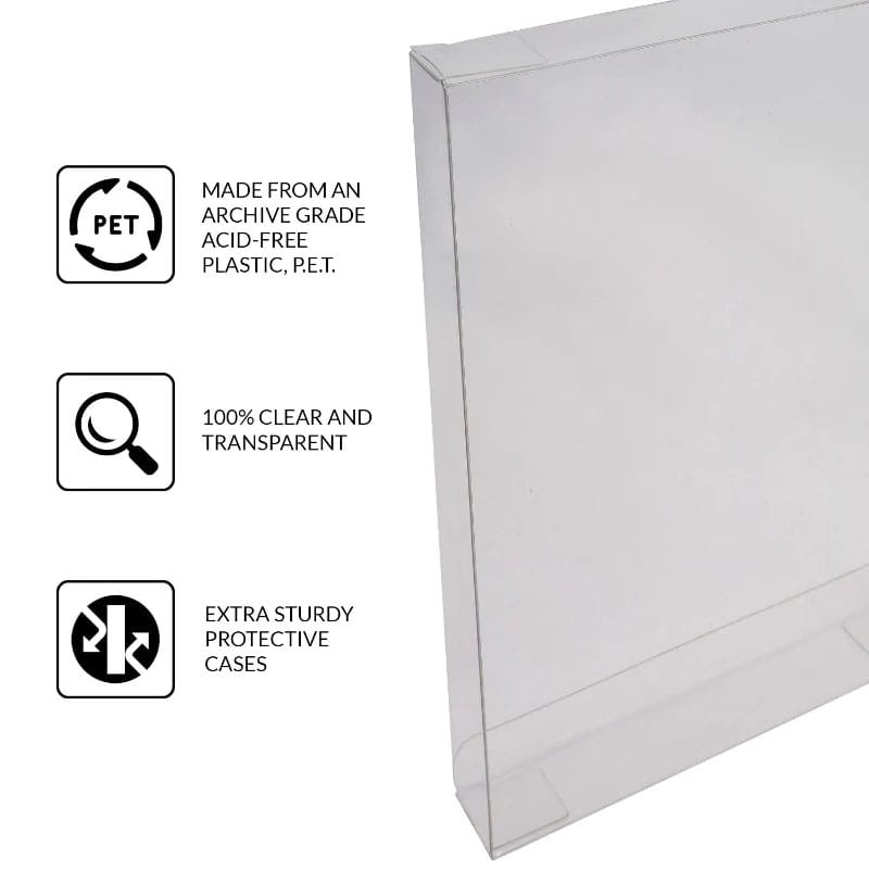 Clear PET VHS protector case standing upright with icons describing its features.