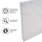 Clear PET VHS protector case standing upright with icons describing its features.