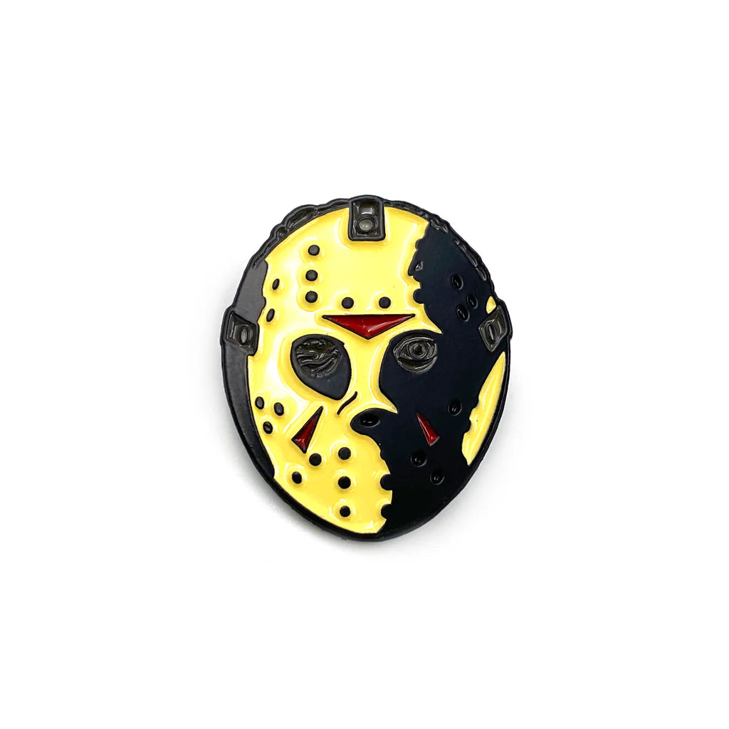 Water Boy enamel pin shaped like a split hockey mask on white background