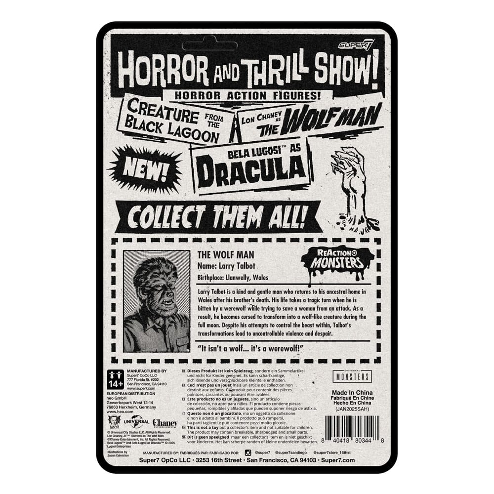 Back of The Wolf Man Universal Monsters ReAction+ blister card with vintage horror-style artwork