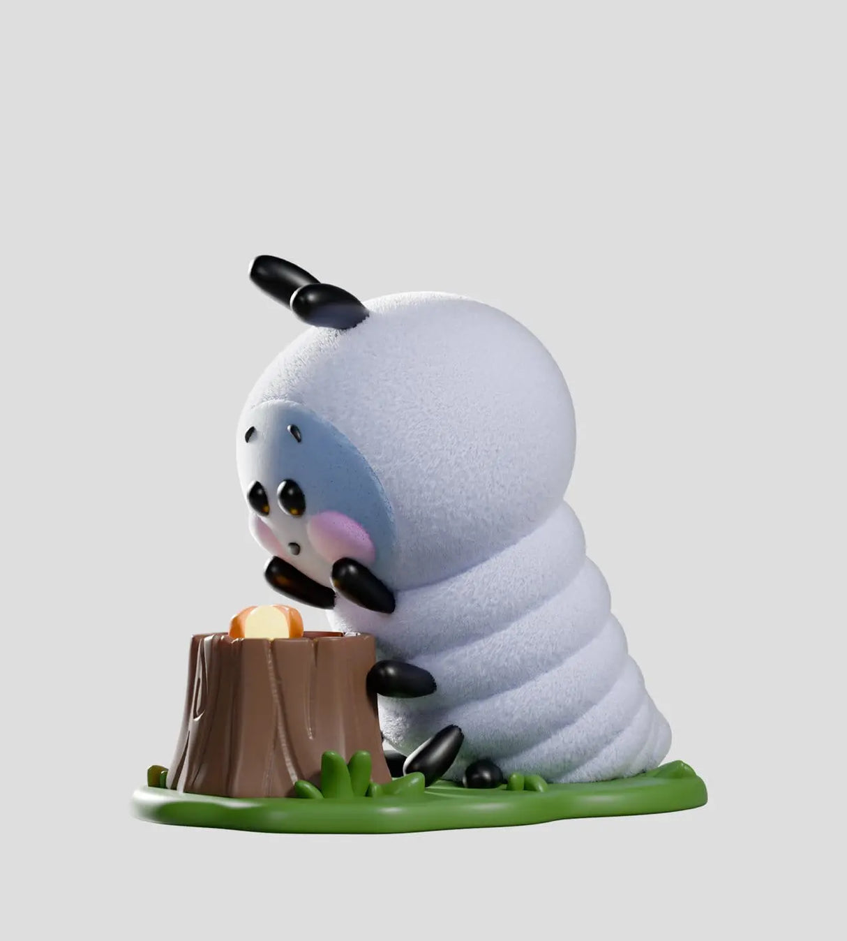 Wooly Bear and Friends white fuzzy caterpillar figure beside a tree stump