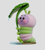 Pink and green Wooly Bear and Friends caterpillar holding a large leaf