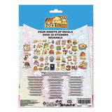 Back of Fuzzballs Tech Sticker Pack displaying four sticker sheets and over 50 reusable vinyl decals