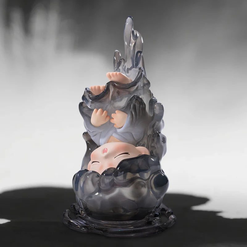 Upside-down YUMO figure emerging from dark translucent smoke