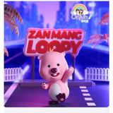 Close-up of Zanmang Loopy waving figure with neon city sign in background