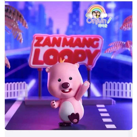 Close-up of Zanmang Loopy waving figure with neon city sign in background
