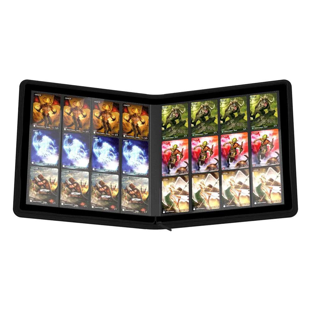 Interior view of Ultimate Guard Zipfolio 480 24-Pocket binder fully opened with trading cards