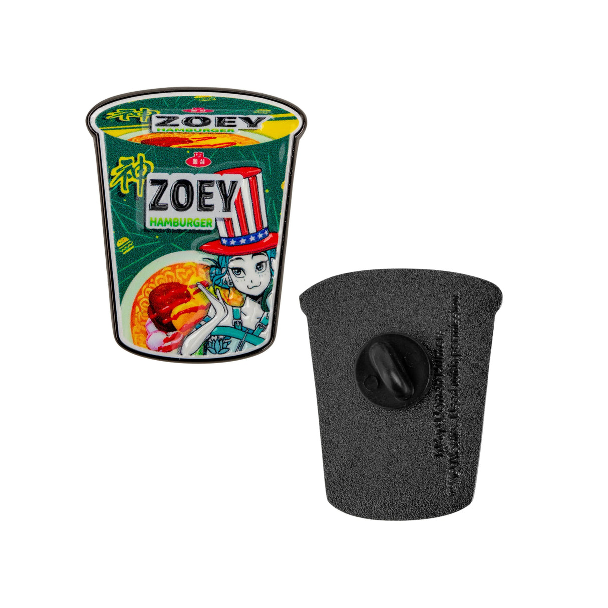 Zoey Hamburger Noodles pin front and back view KPop Demon Hunters collectible