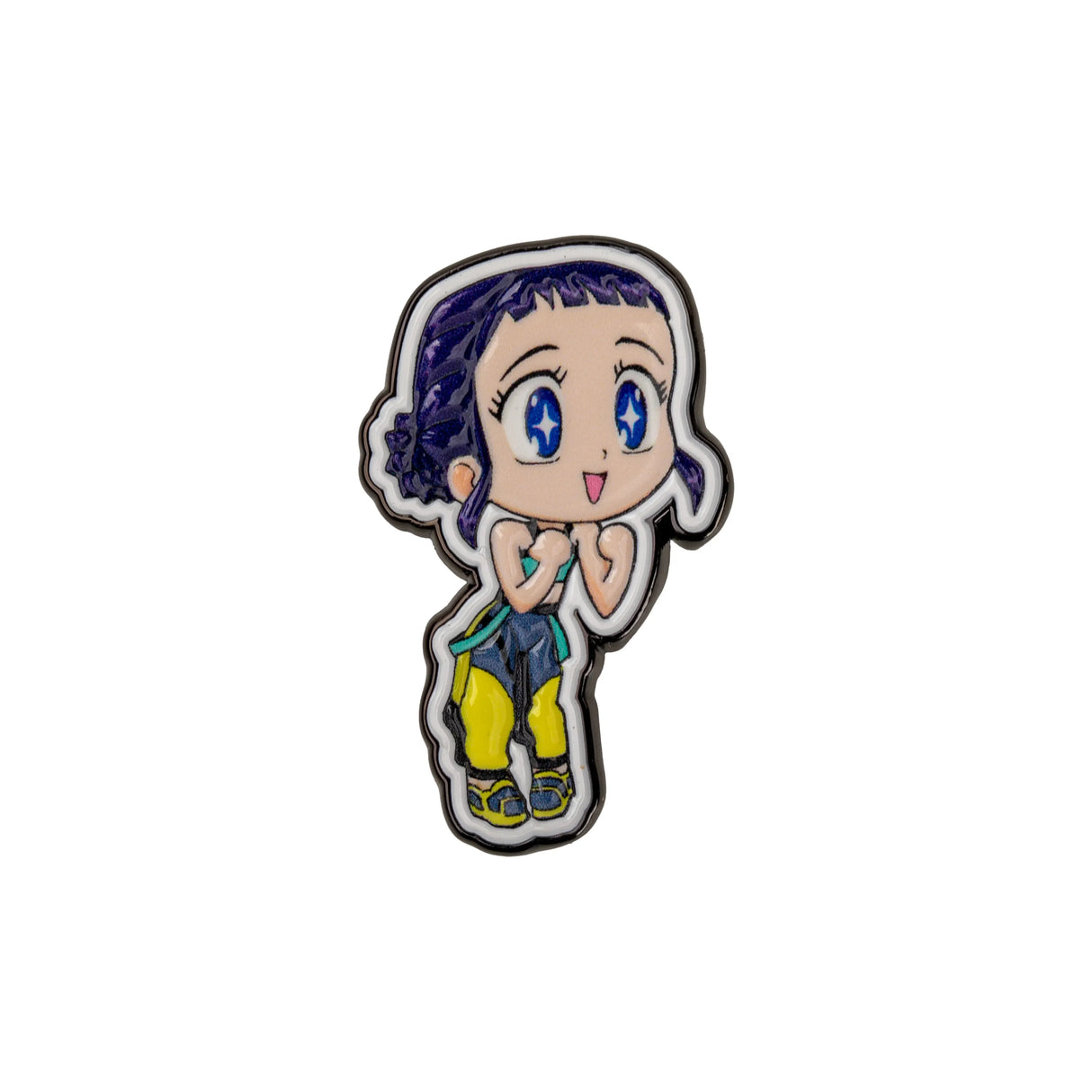 Zoey pin front view with chibi design and blue hair