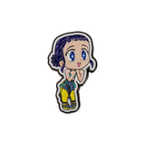 Zoey pin front view with chibi design and blue hair