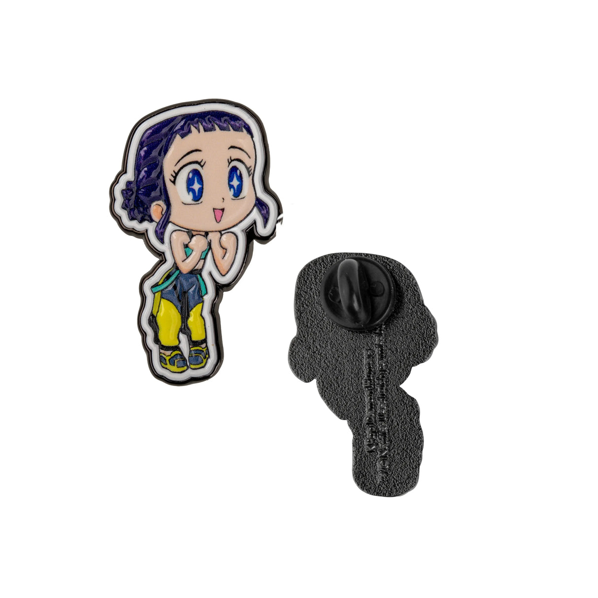 Zoey pin front and back view showing pin backing