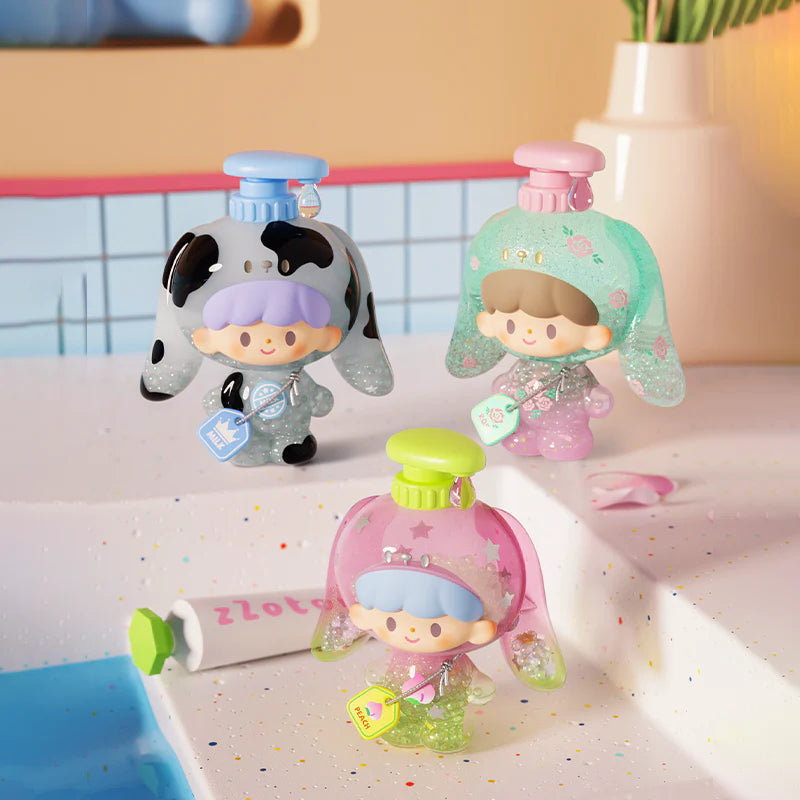 zZoton Bubble Bath Series Baby figures featuring bunny and puppy themed translucent bath costumes