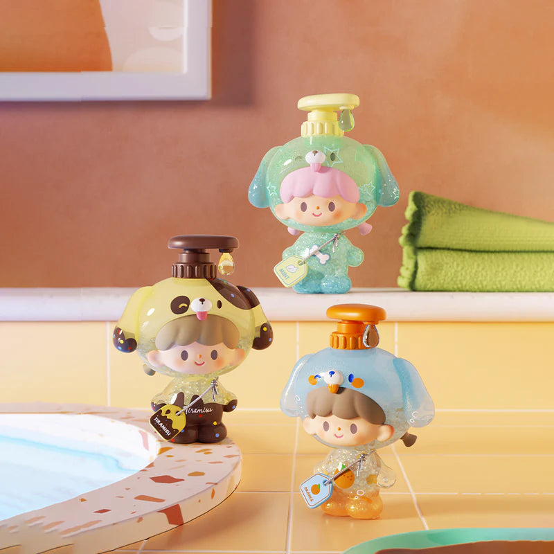 Puppy and bird themed Bubble Bath Series Baby figures in a bathroom display