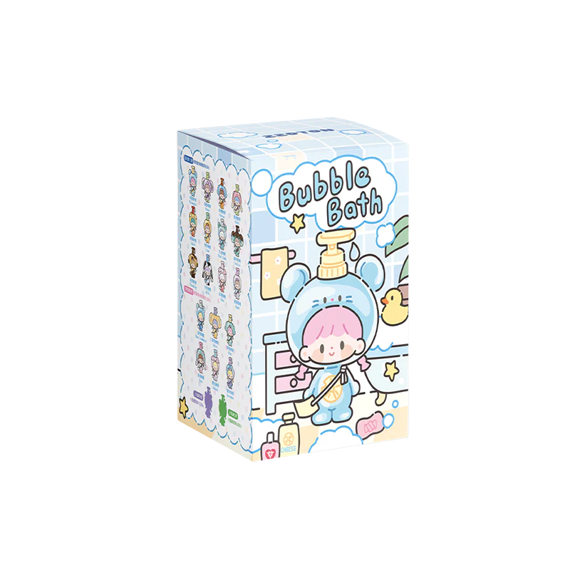 zZoton Bubble Bath Series Baby blind box packaging artwork featuring pastel bath-time themed characters