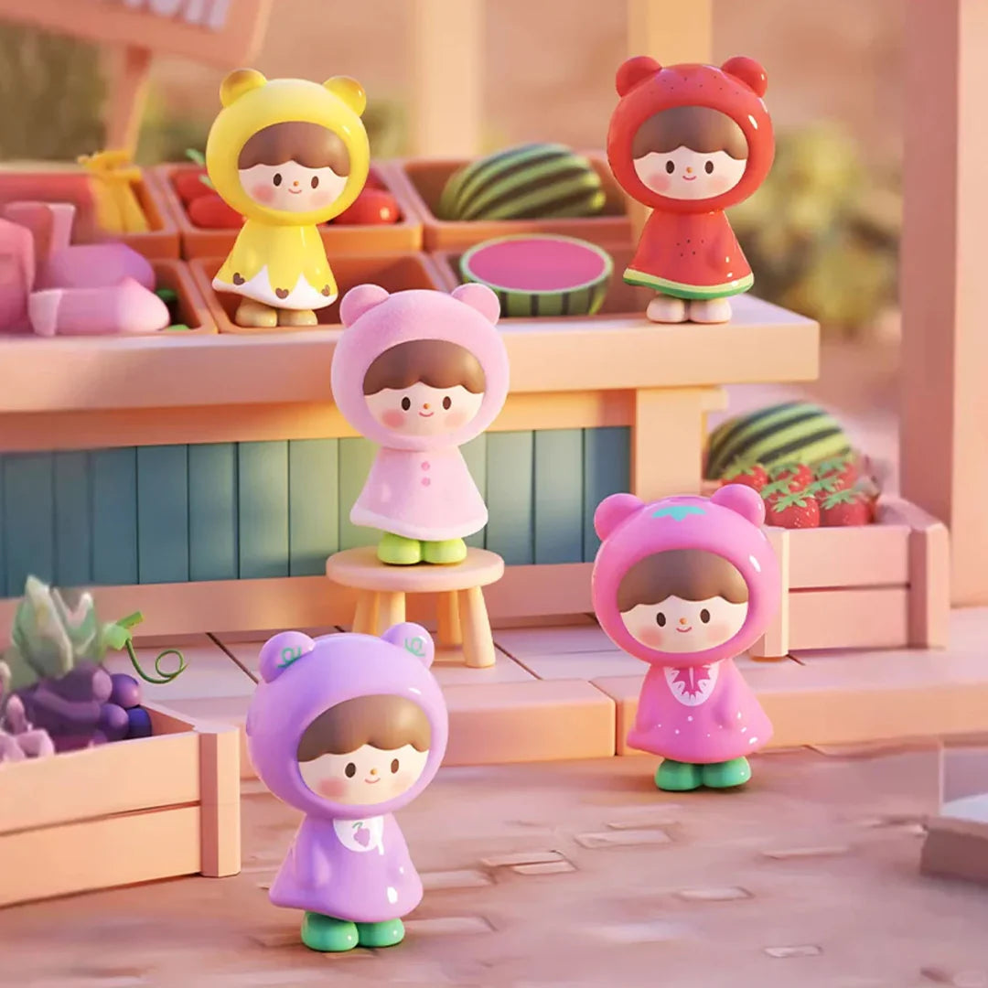 Fruit-inspired UliUli figures featuring watermelon, banana, grape, peach, and strawberry themes