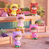 Fruit-inspired UliUli figures featuring watermelon, banana, grape, peach, and strawberry themes