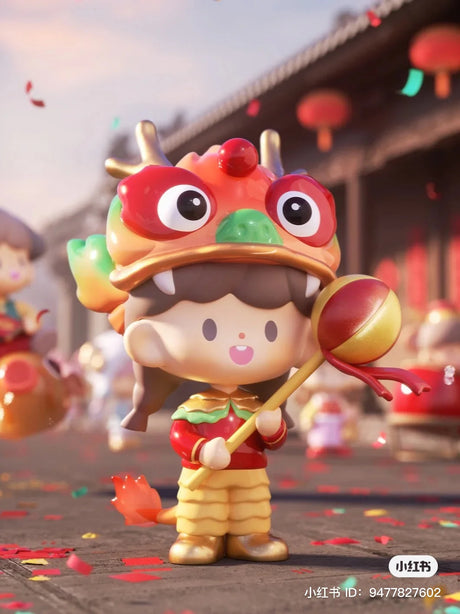 Dragon hidden edition zZoton figure wearing a colorful dragon dance costume and holding a festive rattle