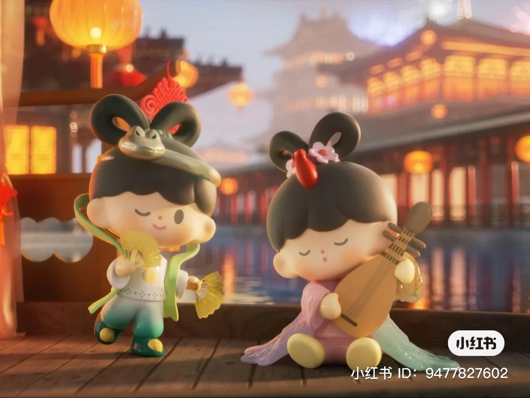 Snake themed zZoton figures performing traditional music and dance during Lunar New Year celebrations